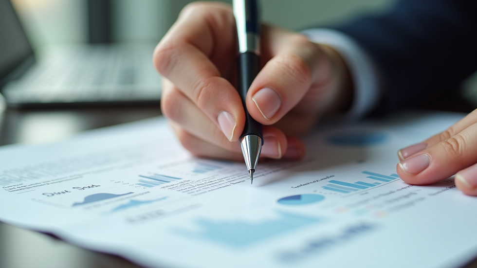 Close-up view of a hand holding a pen over financial documents