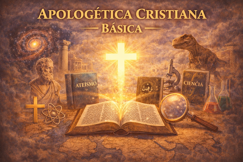 Ilustración de apologética cristiana: Biblia abierta con cruz luminosa, rodeada de símbolos de ciencia, filosofía y religión en contraste.