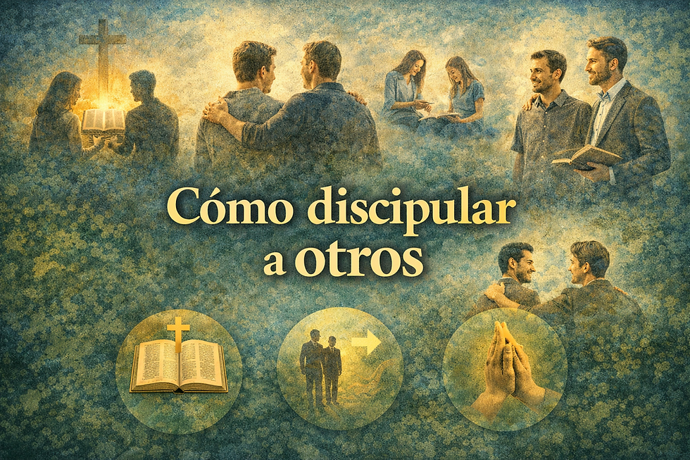 Ilustración de discipulado cristiano: creyentes enseñando, acompañando y orando juntos, con énfasis en la formación espiritual y la guía basada en la Biblia.