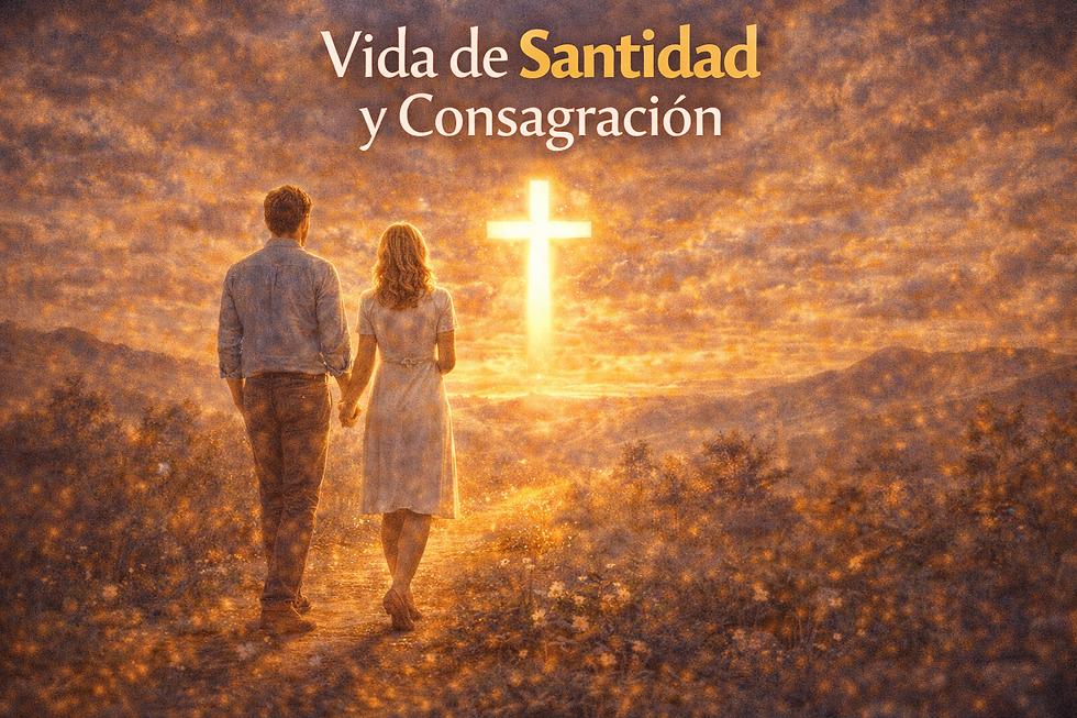 Ilustración de santidad y consagración: pareja caminando hacia una cruz luminosa, simbolizando una vida apartada y dedicada a Dios.