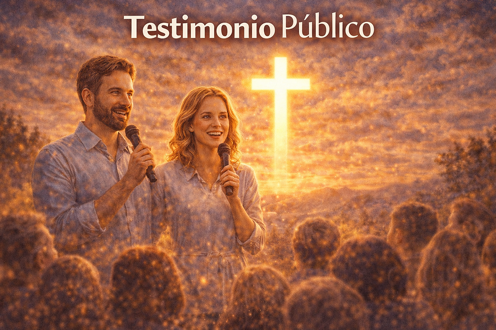Ilustración de testimonio público: pareja compartiendo su fe con micrófonos ante una multitud, con una cruz luminosa al fondo.