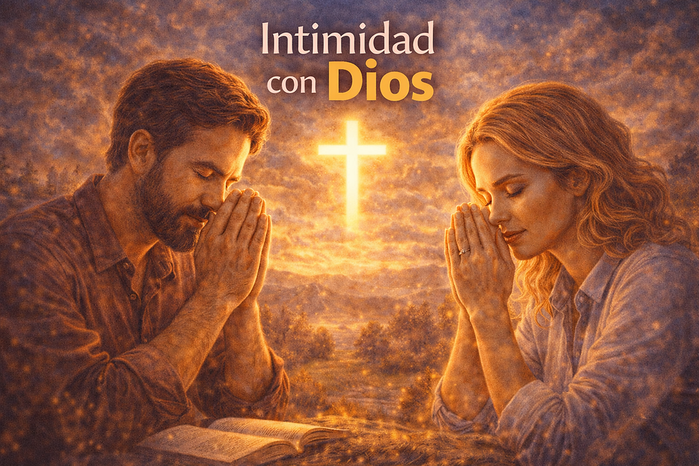 Ilustración de intimidad con Dios: hombre y mujer orando con Biblia abierta, frente a una cruz luminosa que simboliza comunión espiritual.