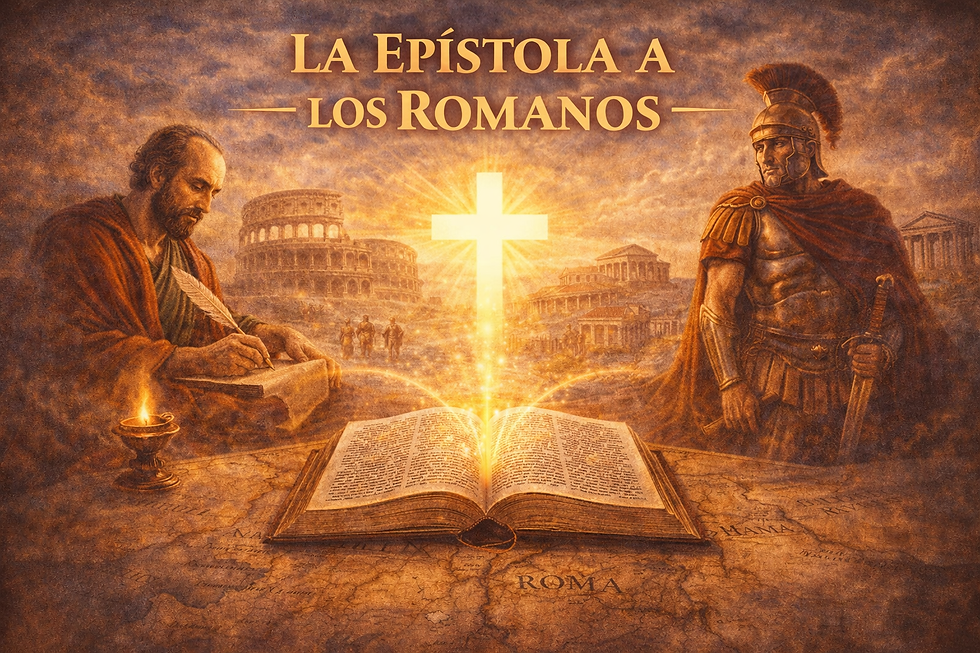 Ilustración de la Epístola a los Romanos: apóstol Pablo escribiendo, Biblia abierta con cruz luminosa y soldado romano frente a la ciudad de Roma.
