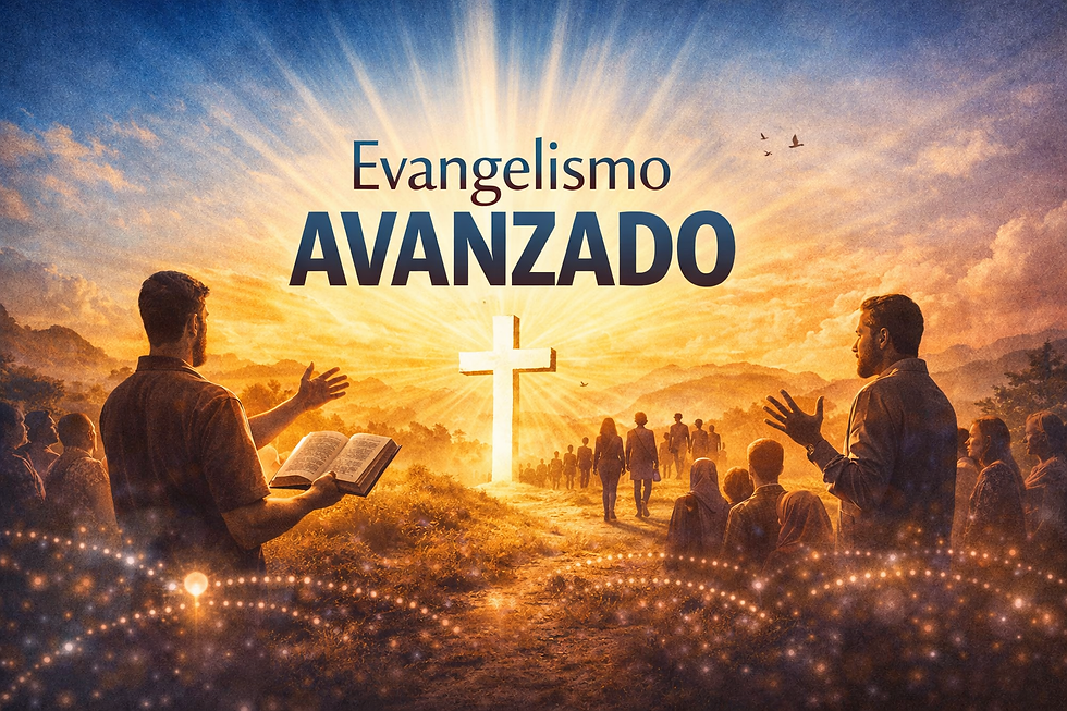 Ilustración de evangelismo avanzado: creyentes compartiendo el mensaje con una Biblia abierta, guiando a una multitud hacia una cruz resplandeciente en el horizonte, simbolizando la proclamación del evangelio y la conducción de otros hacia Cristo.
