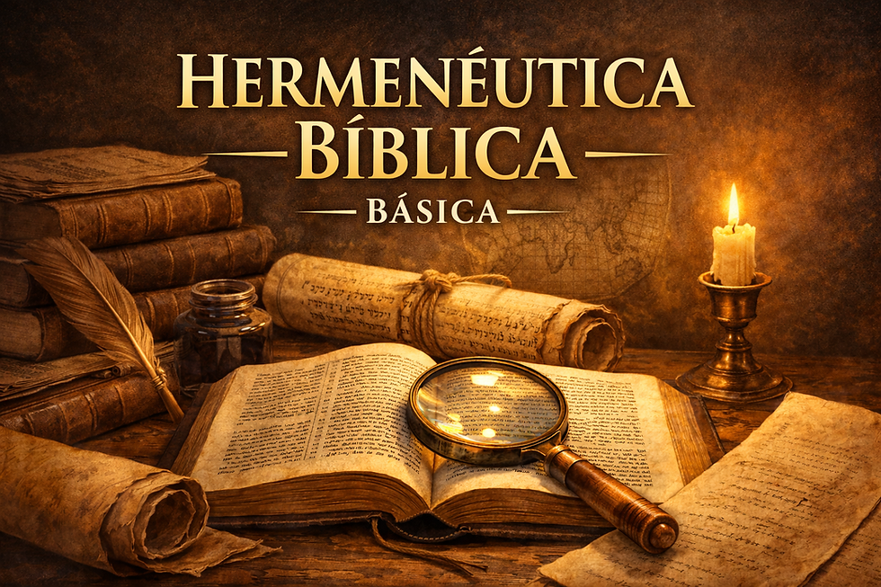 Ilustración de estudio bíblico: Biblia abierta con lupa, pergaminos, libros antiguos, pluma y vela encendida sobre mesa.