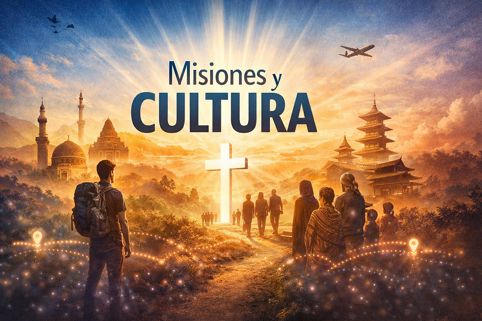 Ilustración de misiones y cultura: personas de diferentes contextos culturales caminando hacia una cruz resplandeciente, con templos representativos de distintas regiones y un misionero con mochila, simbolizando la expansión del evangelio entre las naciones.