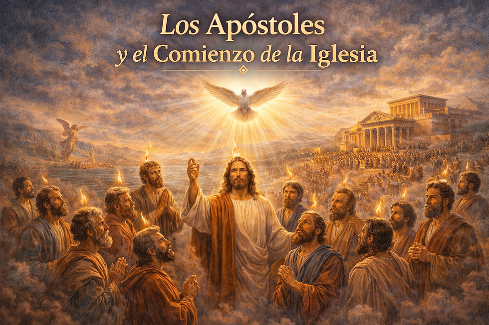 Ilustración de los apóstoles: Jesucristo rodeado de discípulos con lenguas de fuego, paloma del Espíritu Santo en el cielo y multitud en una ciudad antigua.