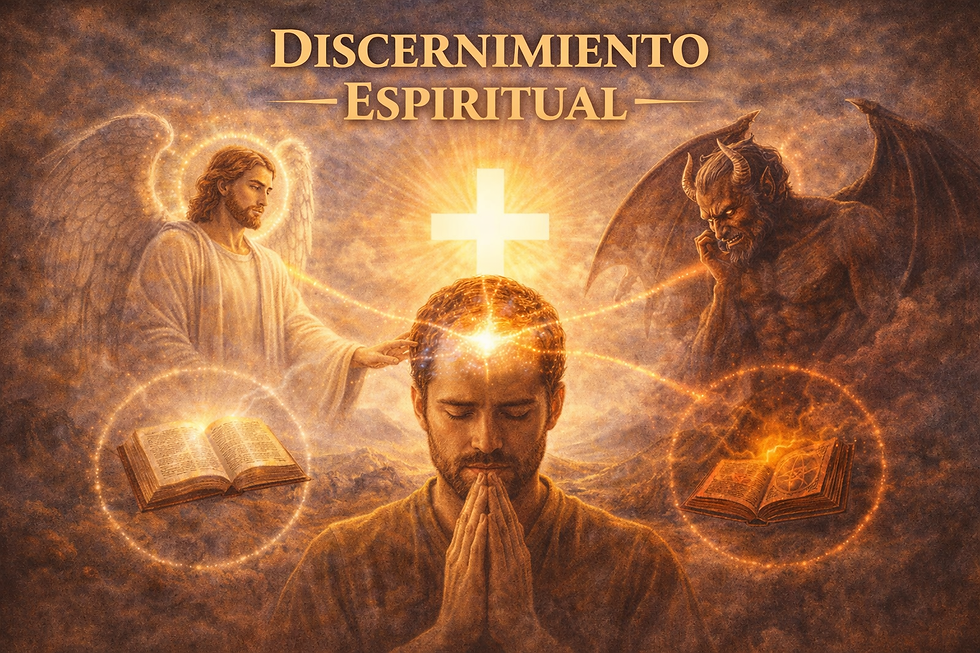 Ilustración de discernimiento espiritual: hombre orando entre la influencia de Cristo y una figura demoníaca, con Biblia y libro oscuro como contraste.