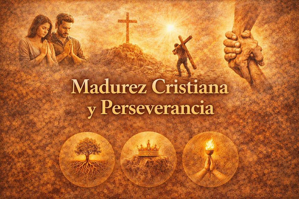 Ilustración de madurez cristiana: creyentes orando, persona cargando la cruz hacia una cruz en el monte y manos unidas, con símbolos de crecimiento, corona y perseverancia.