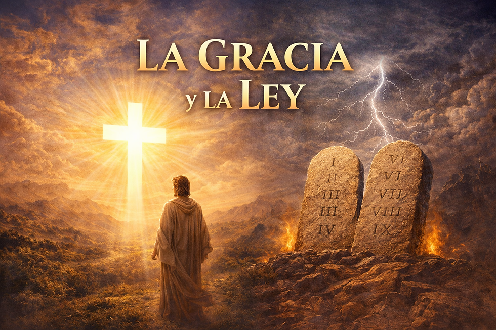 Ilustración de la gracia y la ley: figura contemplando una cruz luminosa frente a tablas de los mandamientos con relámpagos y fuego.