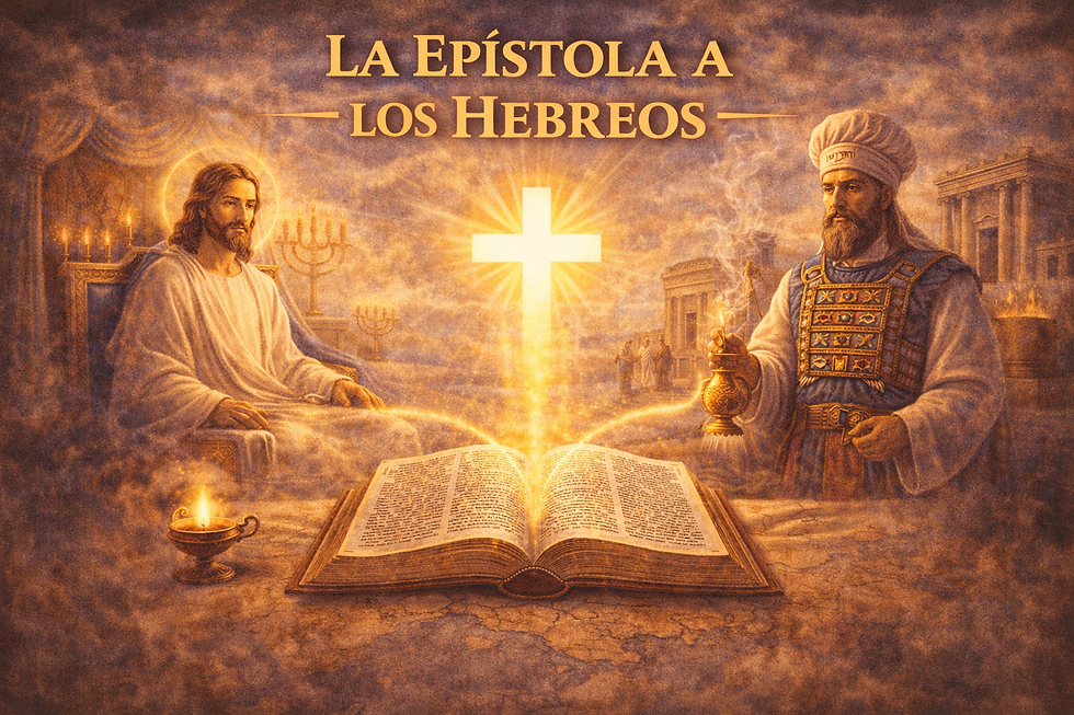 Ilustración de la Epístola a los Hebreos: Jesucristo entronizado, sumo sacerdote del templo y Biblia abierta con cruz luminosa.
