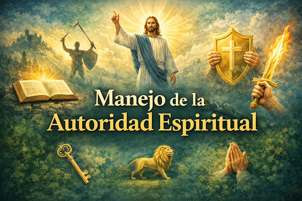 Ilustración de autoridad espiritual: Jesucristo señalando con poder, con símbolos de Biblia, armadura espiritual, espada, escudo, llave y oración.