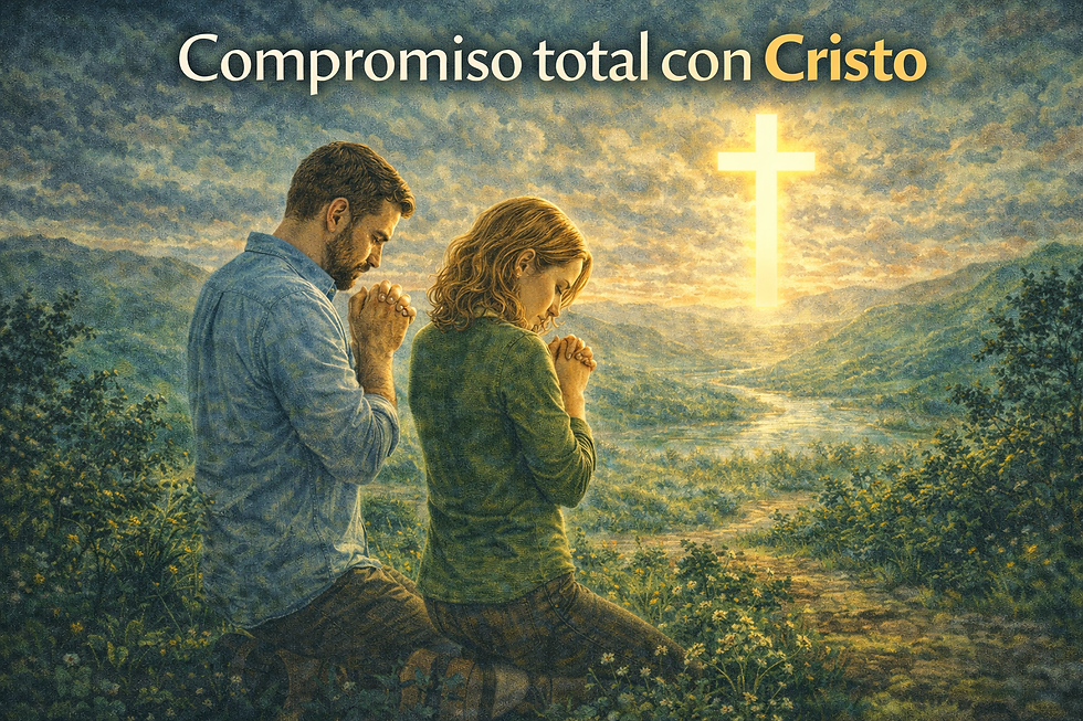 Ilustración de compromiso cristiano: pareja orando de rodillas frente a una cruz luminosa en el horizonte, simbolizando entrega total a Cristo.