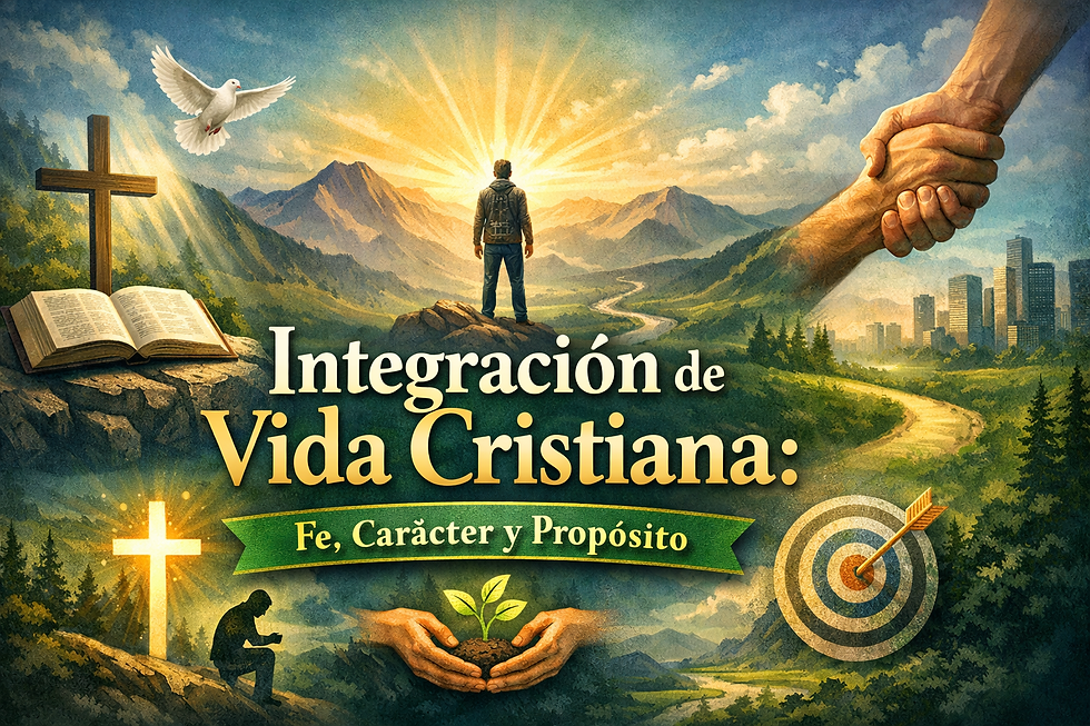 Ilustración de integración de vida cristiana: persona caminando hacia la luz, con símbolos de fe, guía, crecimiento, propósito y acompañamiento espiritual.