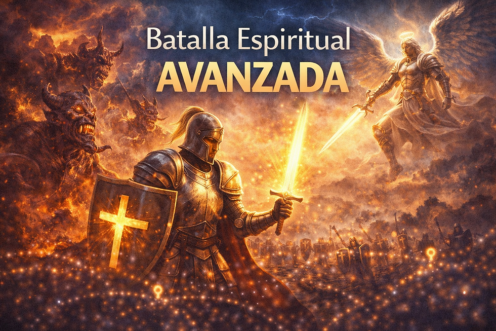 Ilustración de batalla espiritual: guerrero con armadura y escudo con la cruz enfrentando fuerzas demoníacas, acompañado por un ángel con espada luminosa, representando la lucha entre el bien y el mal en el ámbito espiritual.