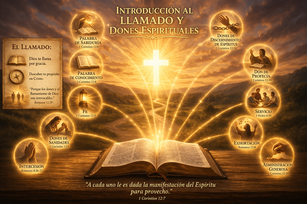 Ilustración de dones espirituales: Biblia abierta con cruz luminosa de la que emergen representaciones de dones como fe, sanidad, profecía, servicio e intercesión.
