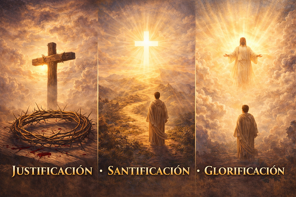 Ilustración de la salvación cristiana: cruz con corona de espinas, camino hacia una cruz luminosa y Jesucristo glorificado en las nubes con un creyente.