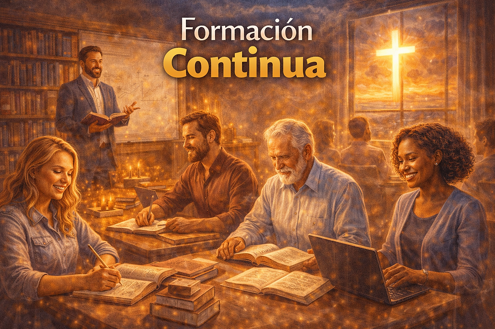 Ilustración de formación cristiana: grupo de personas estudiando la Biblia en un aula, con un maestro enseñando y una cruz luminosa al fondo.