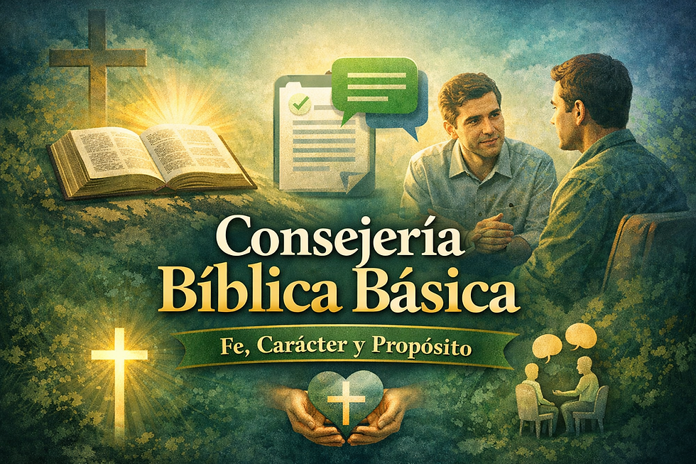 Ilustración de consejería bíblica: dos personas conversando guiadas por la Biblia, con símbolos de fe, acompañamiento y transformación personal.