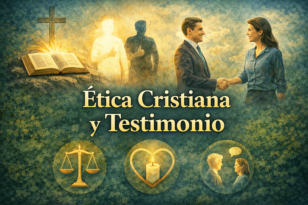 Ilustración de ética cristiana: Biblia abierta junto a una cruz, contraste entre vida transformada y vida anterior, y personas mostrando testimonio mediante acciones y relaciones.