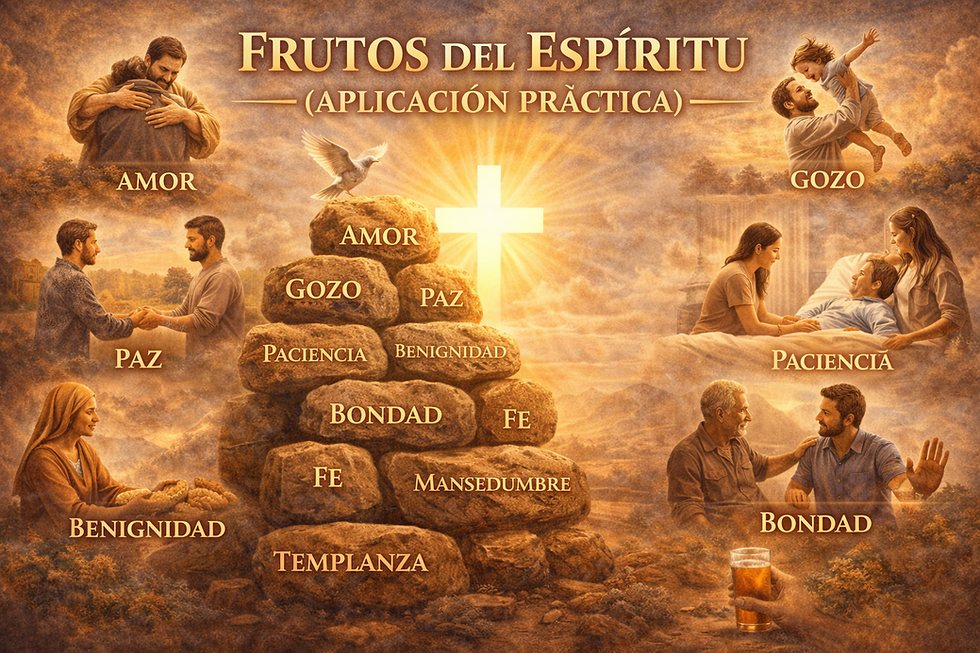 Ilustración de los frutos del Espíritu: cruz luminosa sobre piedras con virtudes como amor, gozo, paz y fe, rodeadas de escenas prácticas de vida cristiana.
