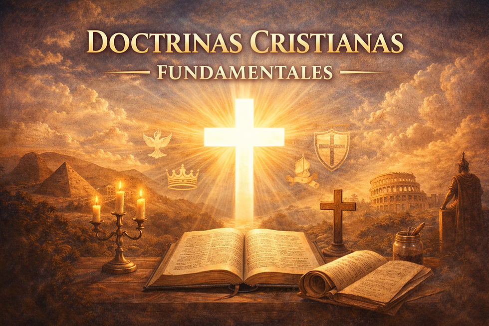 Ilustración de doctrinas cristianas: Biblia abierta con cruz luminosa al centro, símbolos cristianos, vela encendida y paisaje histórico de fondo.