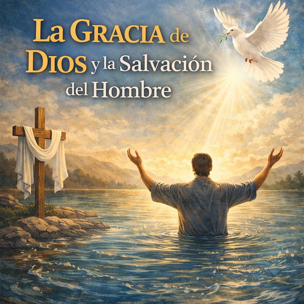 Ilustración de salvación cristiana: hombre en el agua con brazos levantados hacia la luz, cruz en la orilla y paloma blanca en el cielo.