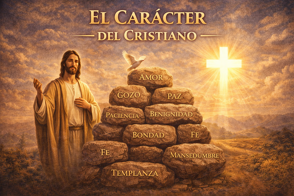 Ilustración del carácter cristiano: Jesucristo junto a piedras con virtudes como amor, gozo, paz y fe, con una cruz luminosa y una paloma sobre ellas.
