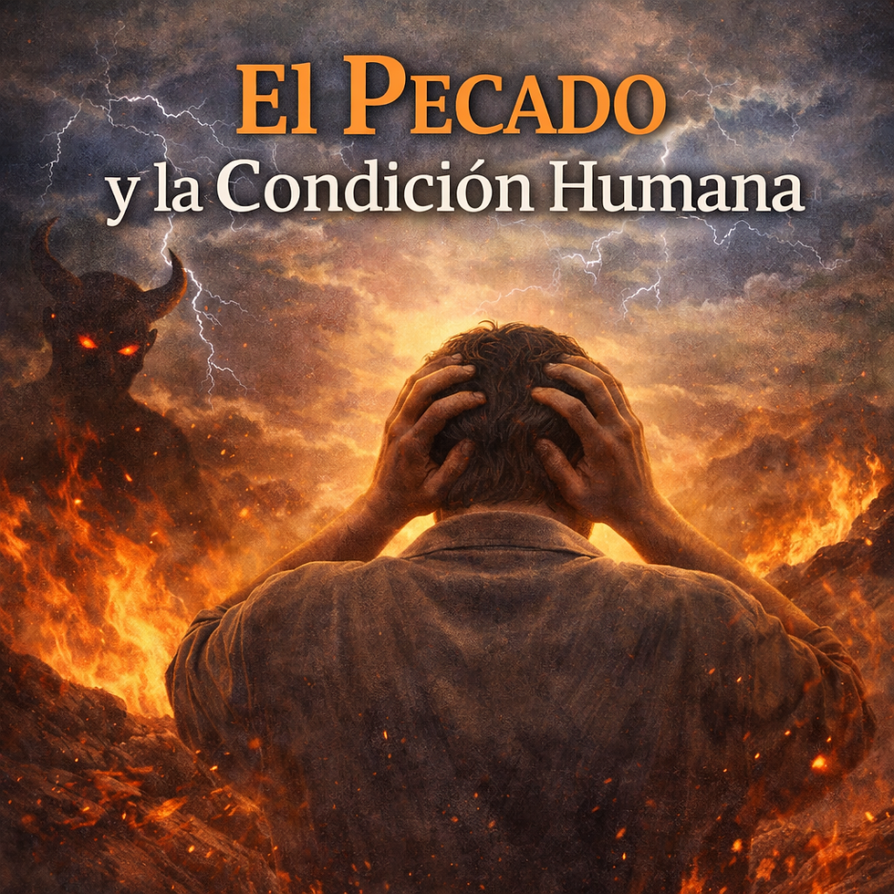 Ilustración dramática del pecado: hombre angustiado entre fuego y tormenta con figura demoníaca al fondo y relámpagos en el cielo.