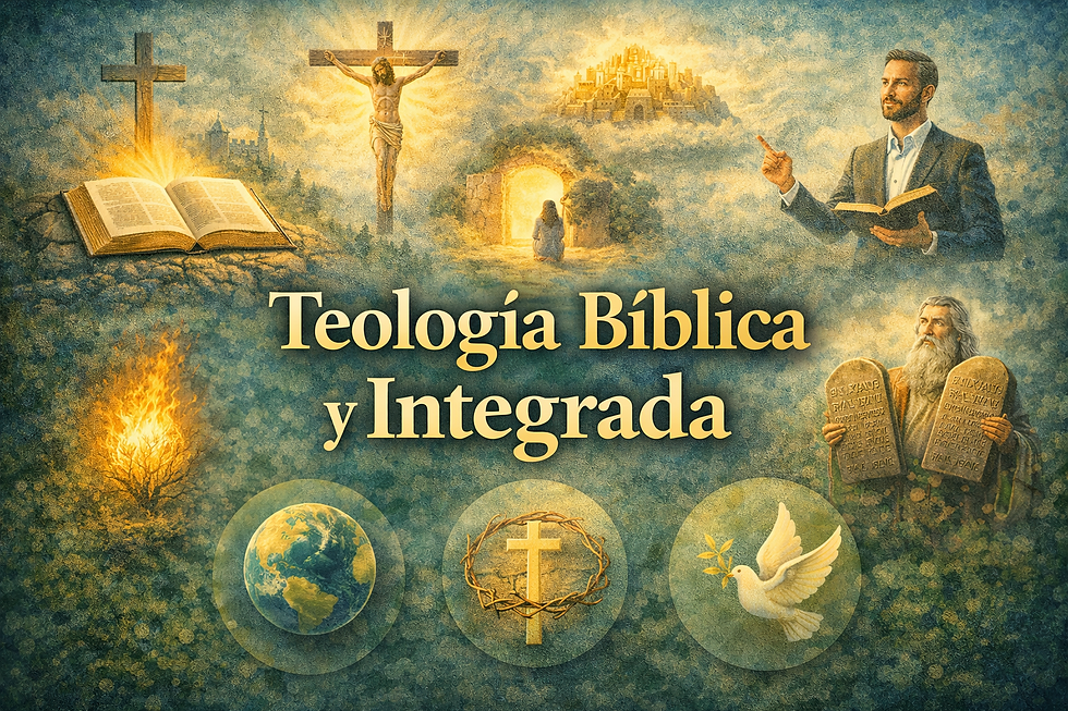 Ilustración de teología bíblica: Biblia abierta, crucifixión, Moisés con las tablas de la ley y símbolos de redención, Espíritu Santo y alcance global.