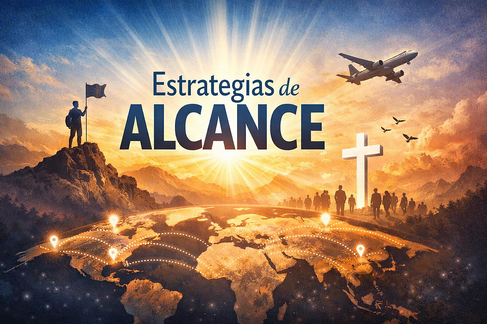 Ilustración de estrategias de alcance: mapa del mundo con conexiones globales, personas caminando hacia una cruz resplandeciente, un avión en el cielo y un líder en la montaña, simbolizando la expansión del evangelio a todas las naciones.