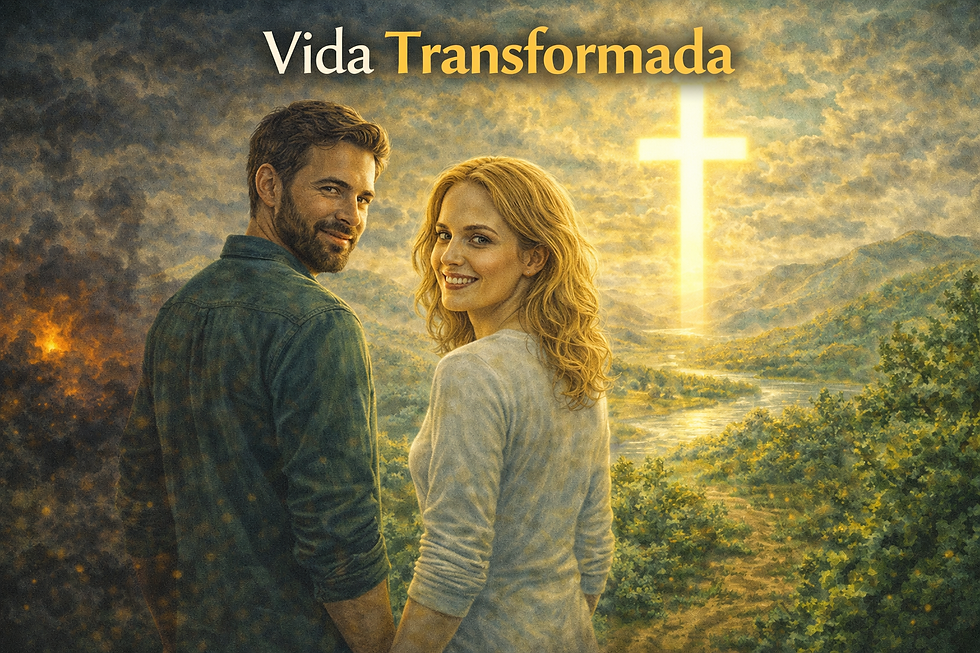 Ilustración de vida transformada: pareja caminando hacia una cruz luminosa, contrastando un pasado oscuro con una nueva vida en Cristo.
