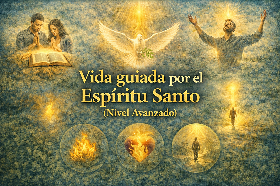 Ilustración de vida guiada por el Espíritu Santo: paloma luminosa sobre creyentes orando, adorando y caminando, con símbolos de fuego espiritual y transformación interior.