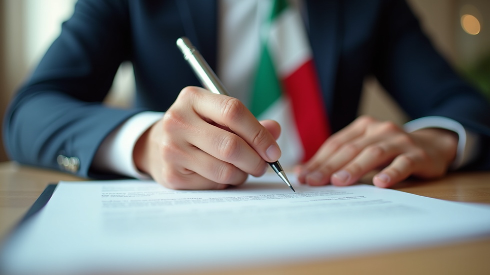 Close-up view of hands signing legal documents with a Mexican flag in the background