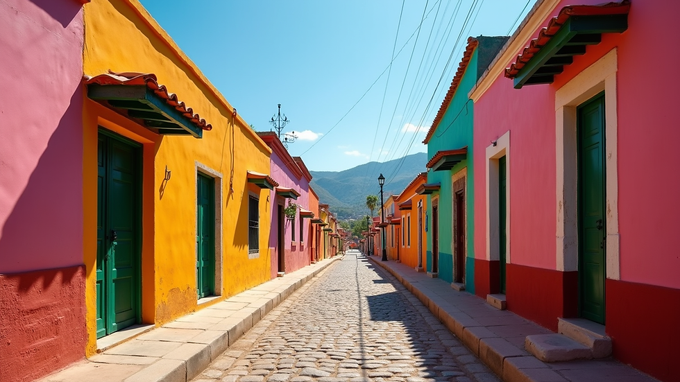 Eye-level view of colorful Mexican town street with traditional houses