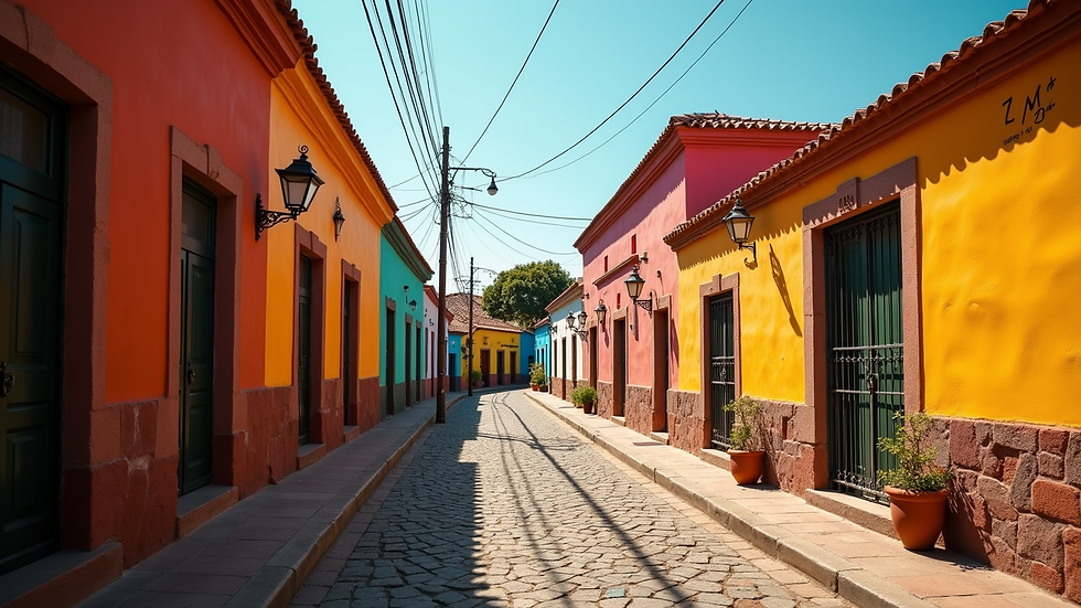 Eye-level view of a cozy Mexican street with colorful houses
