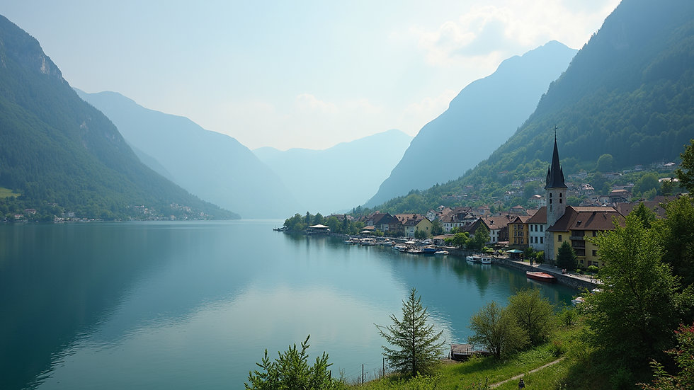 Wide angle view of a peaceful lakeside town with mountains in the background