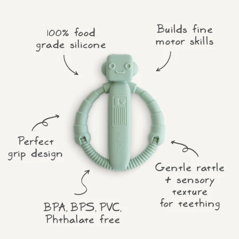 extreme close-up showing the soft textured bumps on the silicone teether designed to soothe baby gums.