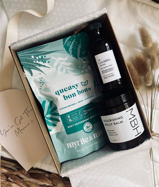Pregnancy gift set including myrtle and maude morning sickness help, mum bub hub belly balm and take five aromatherapy bath oil at Seb and I.