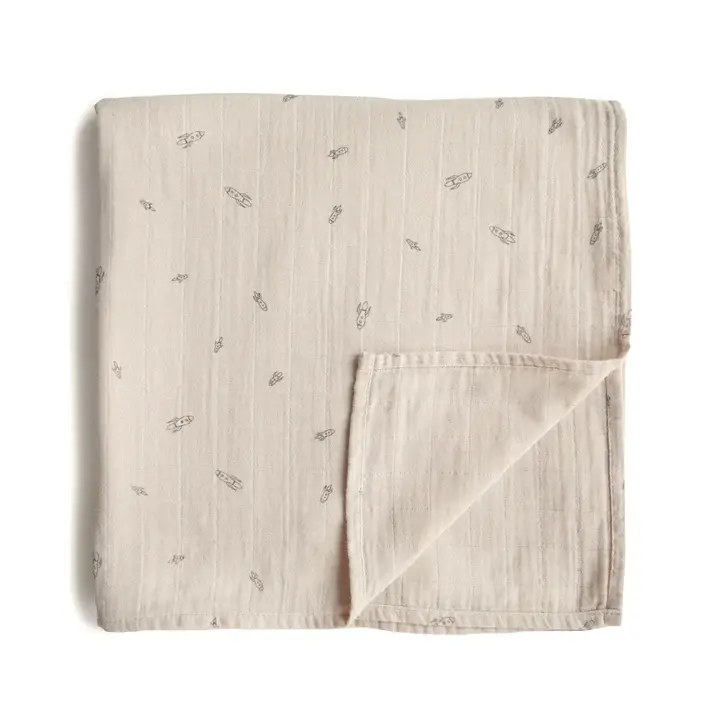 Thumbnail: Rocket print newborn swaddle blanket at Seb and I