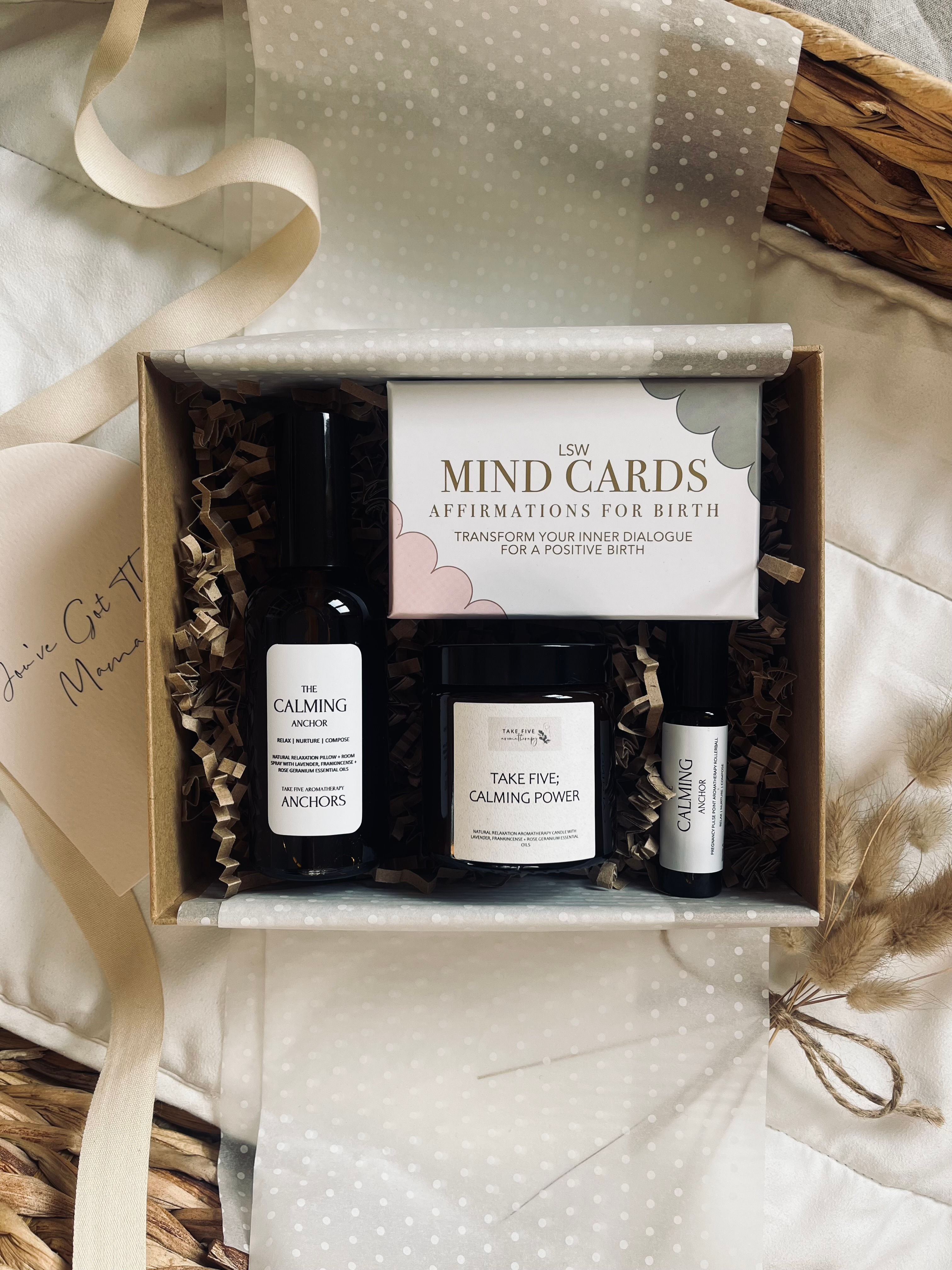 home birth gift set with affirmation cards candle and aromatherapy