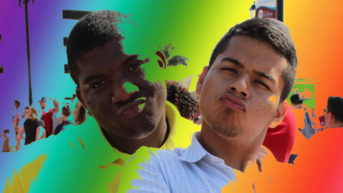 (left to right) Damien Strowbridge and Noé Torres pose for a photograph while dancing at a Treasure Coast Pride Event.