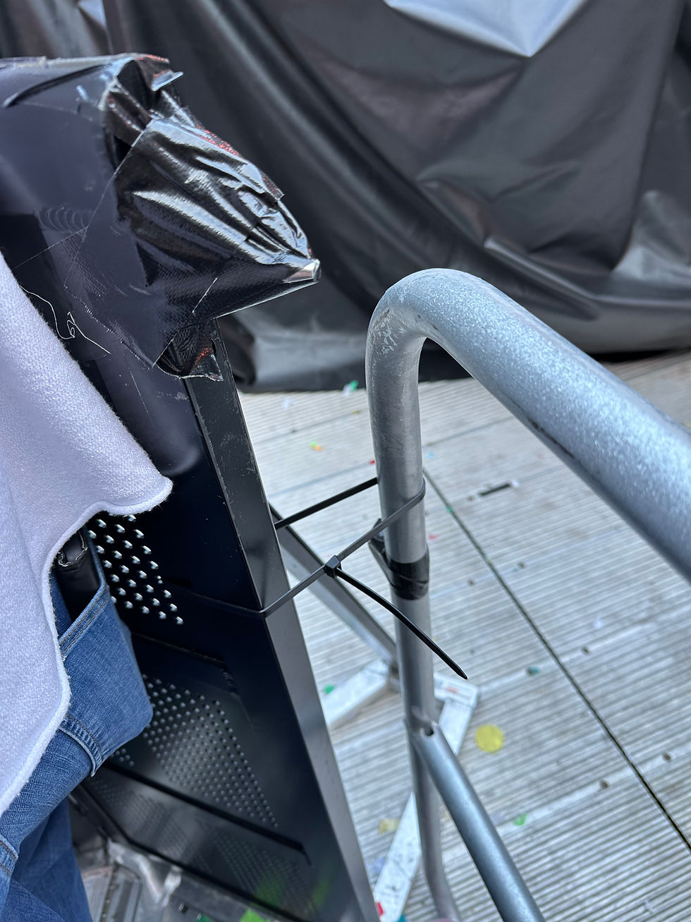 Two different barricade sections fastened with a plastic zip tie at Volksparkstadion
