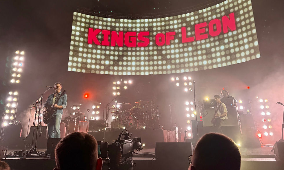 Kings of Leon performing on stage at Co-op Live in Manchester during their 2026 concert.