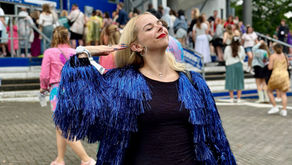 Me at Eras Tour concert in Hamburg wearing my DIYed Karma jacket
