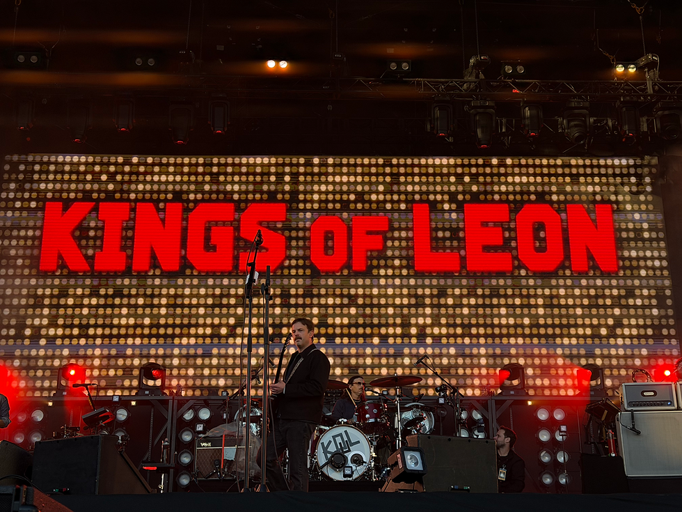 Kings of Leon performing live on stage during their 2026 concert at Unibet Arena District in Tallinn, Estonia