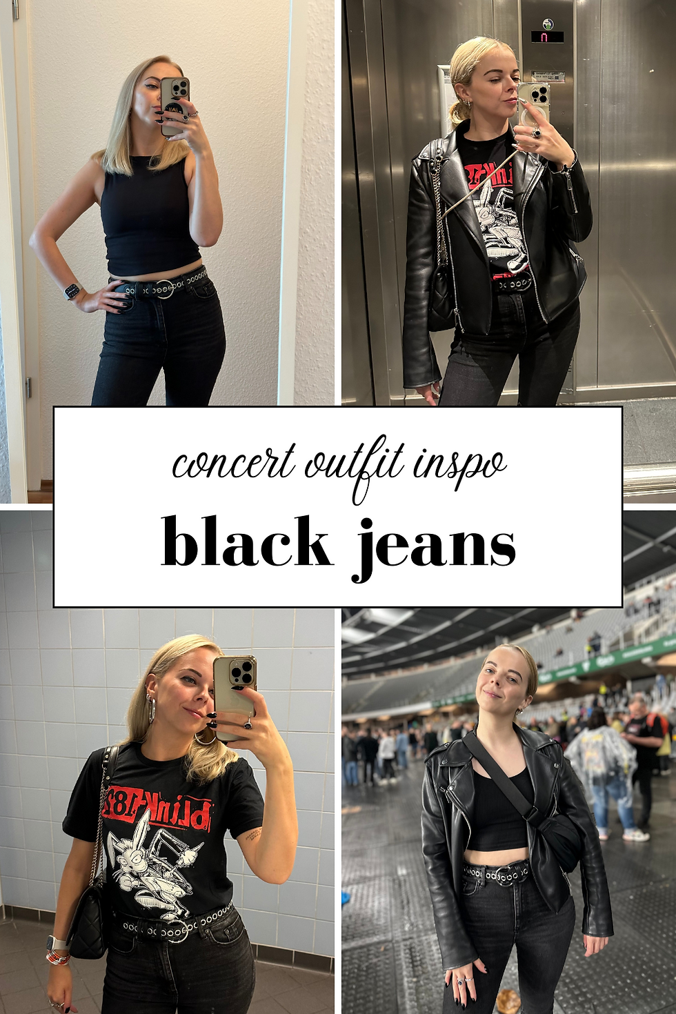 Collage featuring black jeans concert outfits, perfect for edgy rock concerts and standing-out casual styles.