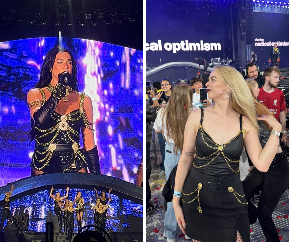 Collage showing Dua Lipa wearing the Chanel bodysuit and a woman wearing a DIY concert outfit inspired by Dua Lipa’s Radical Optimism Tour look