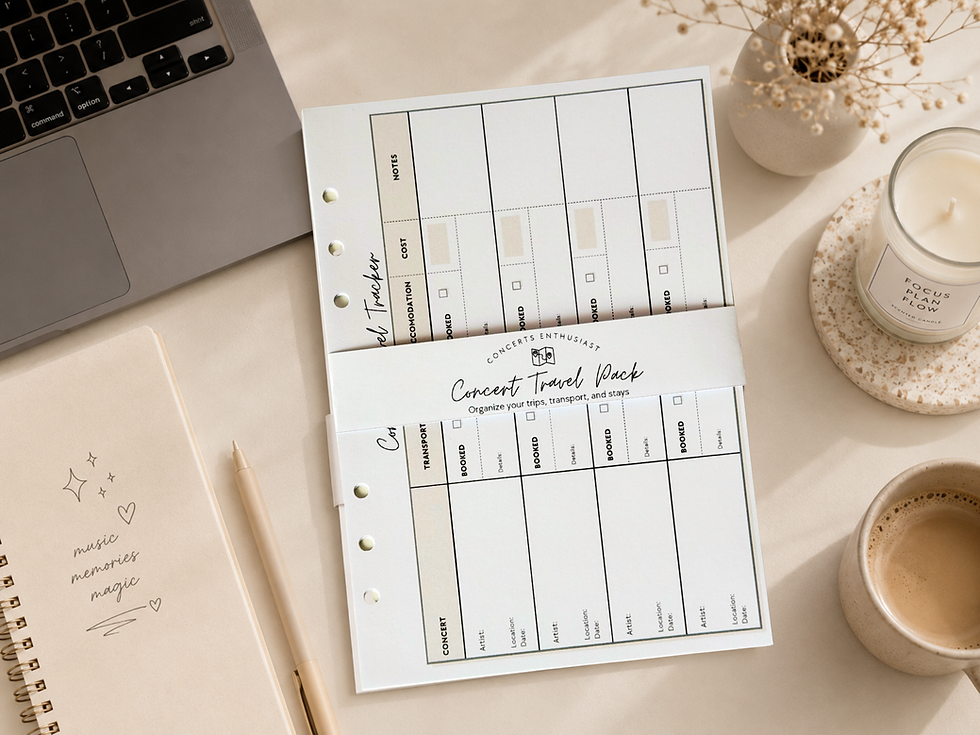 concert travel planner refill pages displayed on a neutral desk