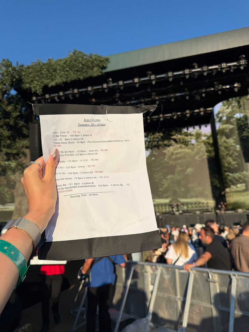 Jess Glynne's printed setlist from her performance at BST Hyde Park, handed to us by a security guard after her set.